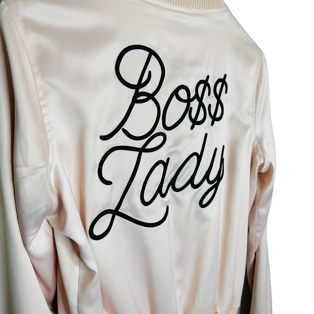 Mistress Rocks Boss Lady Pink Satin Bomber Jacket Size Small - Picture 12 of 14